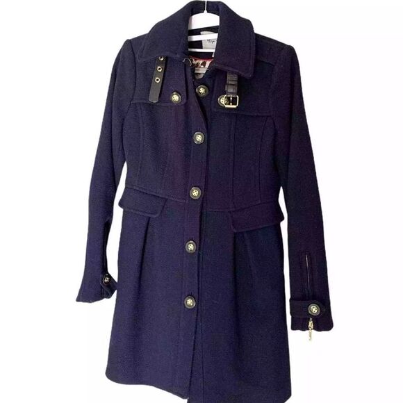Eliza J Wool-Blend Coat - Navy, Size XS, Belted, Gold Buttons, Leopard Lining - Picture 13 of 13